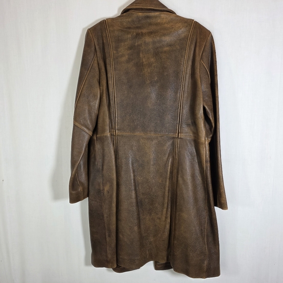 R&D Brand ⏰ Genuine Leather Long Distressed Brown/Caramel Coat Sz L - Picture 6 of 12